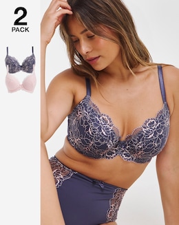 Pretty Secrets 2 Pack Ella Lace Padded Plunge Wired Bras - Navy/Pink