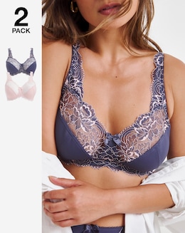 Pretty Secrets 2 Pack Ella Lace Non Wired Full Cup Bras B-H - Navy/Pink