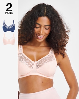 Pretty Secrets (2 Pack) Cotton Lace Non Wired Full Cup Bras (B-G) Navy/Blush