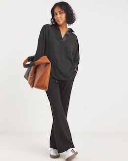 Black Three Quarter Sleeve Satin Trim Shirt