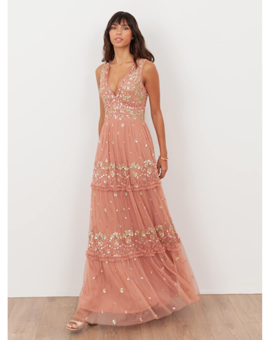 maya deluxe pink sequin dress Pink sequin and net evening dress by Maya Deluxe size UK 16