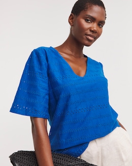 Blue V Neck Brioderie Angel Sleeve Top
