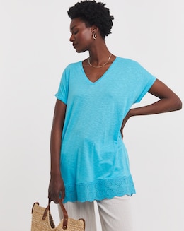 Broderie V Neck Short Sleeve Longline Top