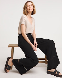 Black Crinkle Shirred Waist Wide Leg Trousers