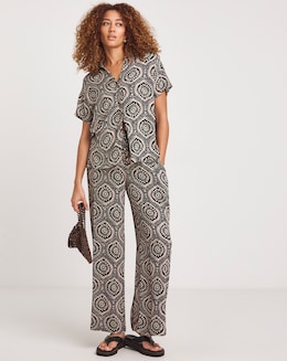 Mono Print Crinkle Shirred Waist Wide Leg Trousers