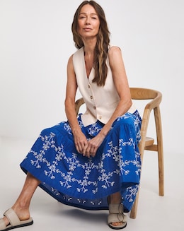 Blue Broderie Tiered Pull On Maxi Skirt