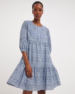 Anise Floral Print Ladder Trim Trapeze Dress