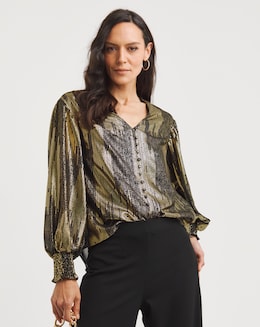 Metallic Button Through Dip Back Blouse