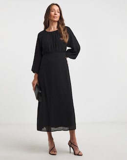 Black Textured Puff Sleeve Tie Back Smock Dress