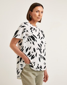 White Mono Print Short Sleeved Top