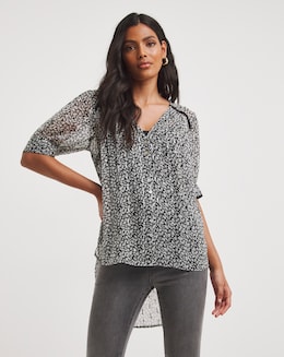 Mono Print Dipped Back Blouse