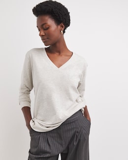 Oatmeal V-Neck Longline Split Hem Slouch T-Shirt
