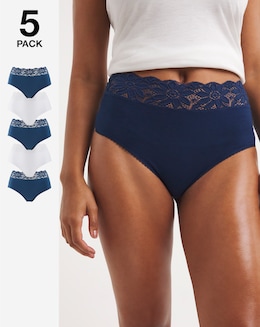 Pretty Secrets (5 Pack) Lace Top Full Brief Knickers Navy/White