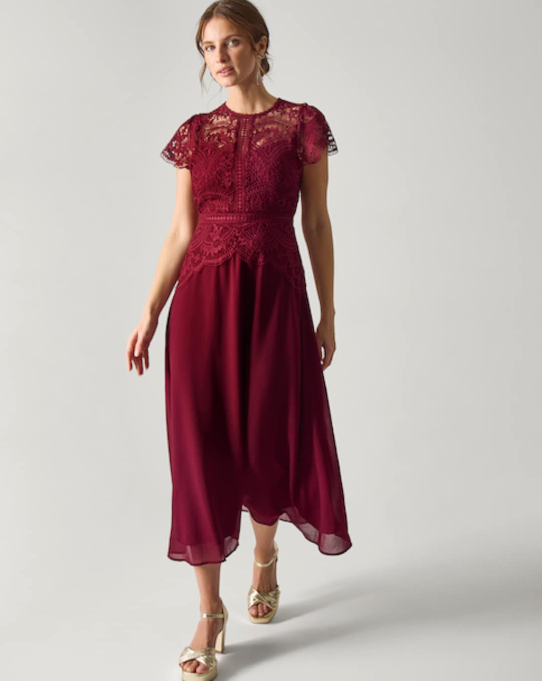 knee length dresses for ladies Elowin Statement Sleeve Skater Midi Dress Brown Floral – Girl In Mind main image 0