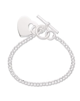 Sterling Silver T-Bar Bracelet With Heart Charm 7.5 inch