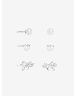 Simply Silver Sterling Silver 925 Polished and Pearl Bow Earrings - Pack of 3