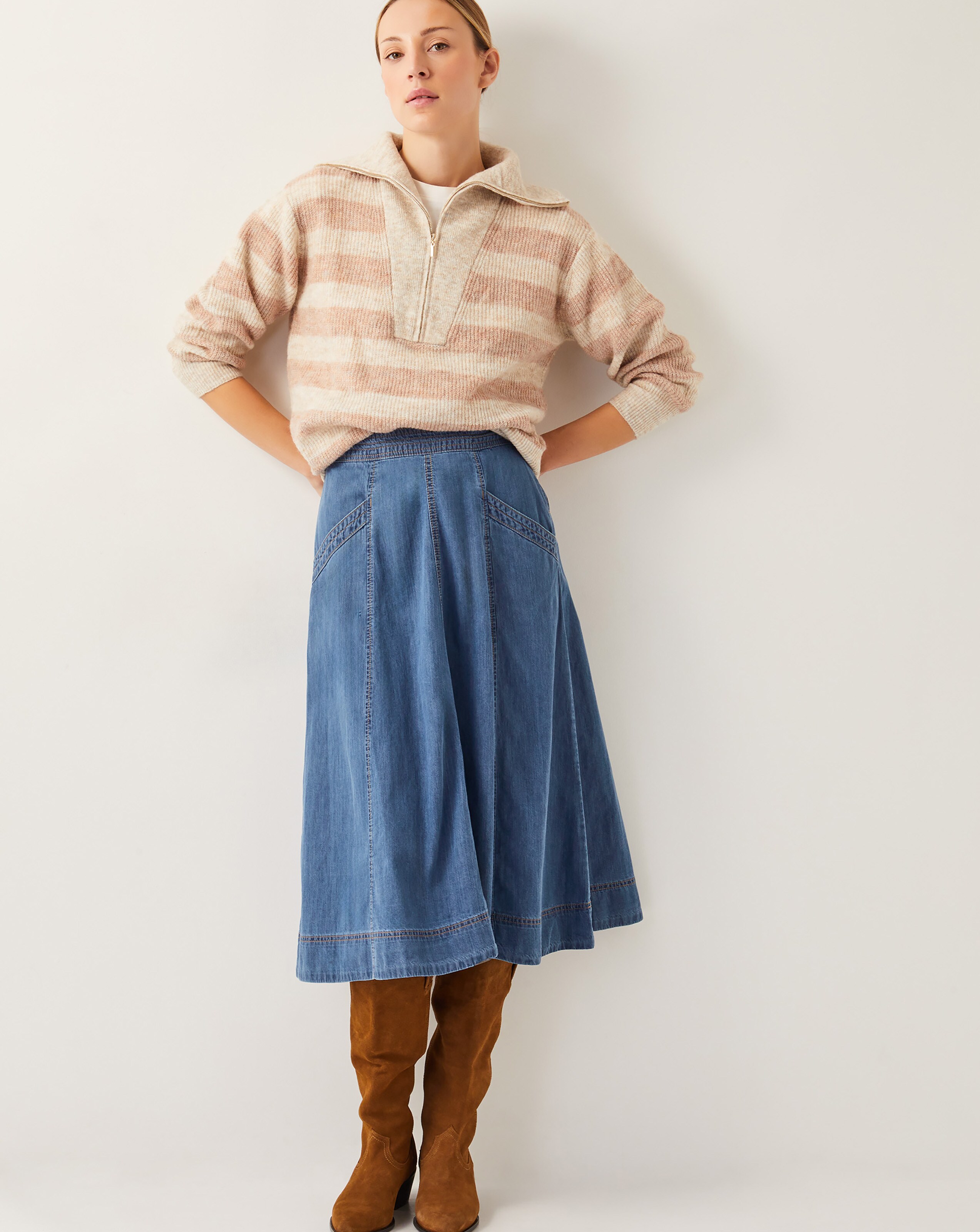 Monsoon Darcie Pleated Denim Midi Skirt | Ambrose Wilson