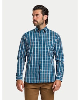Raging Bull Long Sleeve Linear Check Cotton Poplin Shirt Petrol