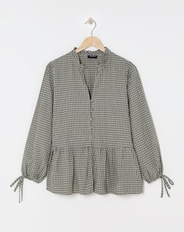 Womens Smock Frill Detail Button Through Blouse - Natural Check