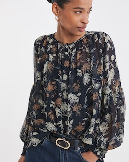 Blouson Sleeve Collarless Georgette Blouse