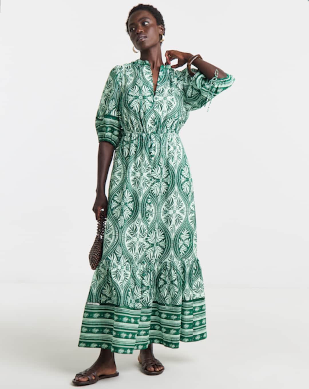 green emerald velvet dress Elizabeth Wilson Green with Pink Printed Ruffle Mock Neck Dress- Size – The  Saved Collection main image 0