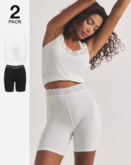 Pretty Secrets (2 Pack) Lace Trim Cotton Comfort Shorts White/Black