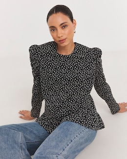 Mono Print Ruched Sleeve Top
