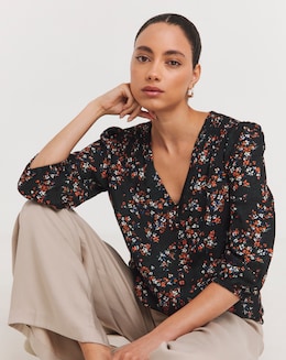 Floral Print Shirred Shoulder Three Quarter Sleeve Top
