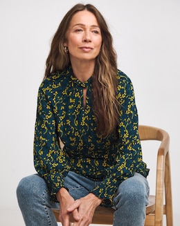 Yellow Floral High Twist Neck Long Sleeve Top