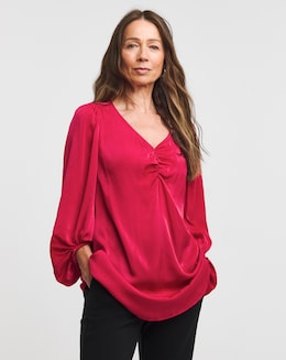 Pink Ruched Front Balloon Sleeve Satin Top