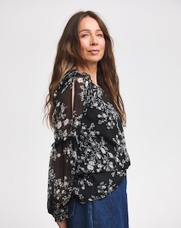 Mono Print Volume Sleeve Cold Shoulder Top