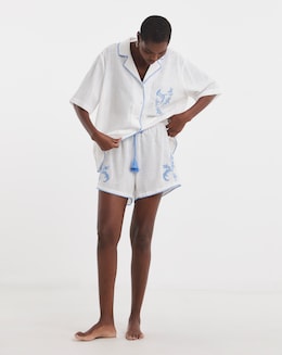 Figleaves Embroidered Cotton Pyjama Shortie Set