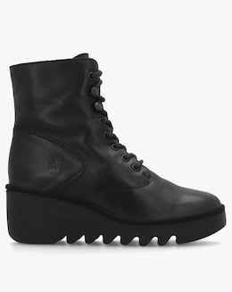 Fly London Birr Black Leather Lace Up Wedge Ankle Boots Standard Width