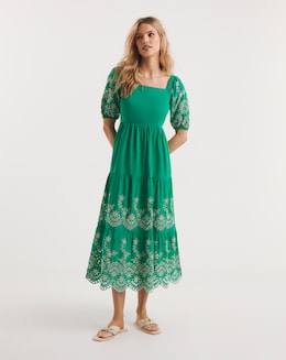 Broderie Tiered Dress With Puff Sleeves