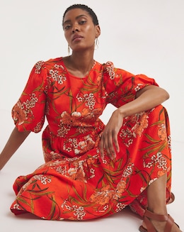 Linen Mix Smock Dress With Puff Sleeves and Open Back