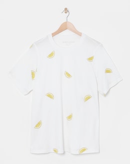 White Crew Neck Lemon Embroidered T-Shirt