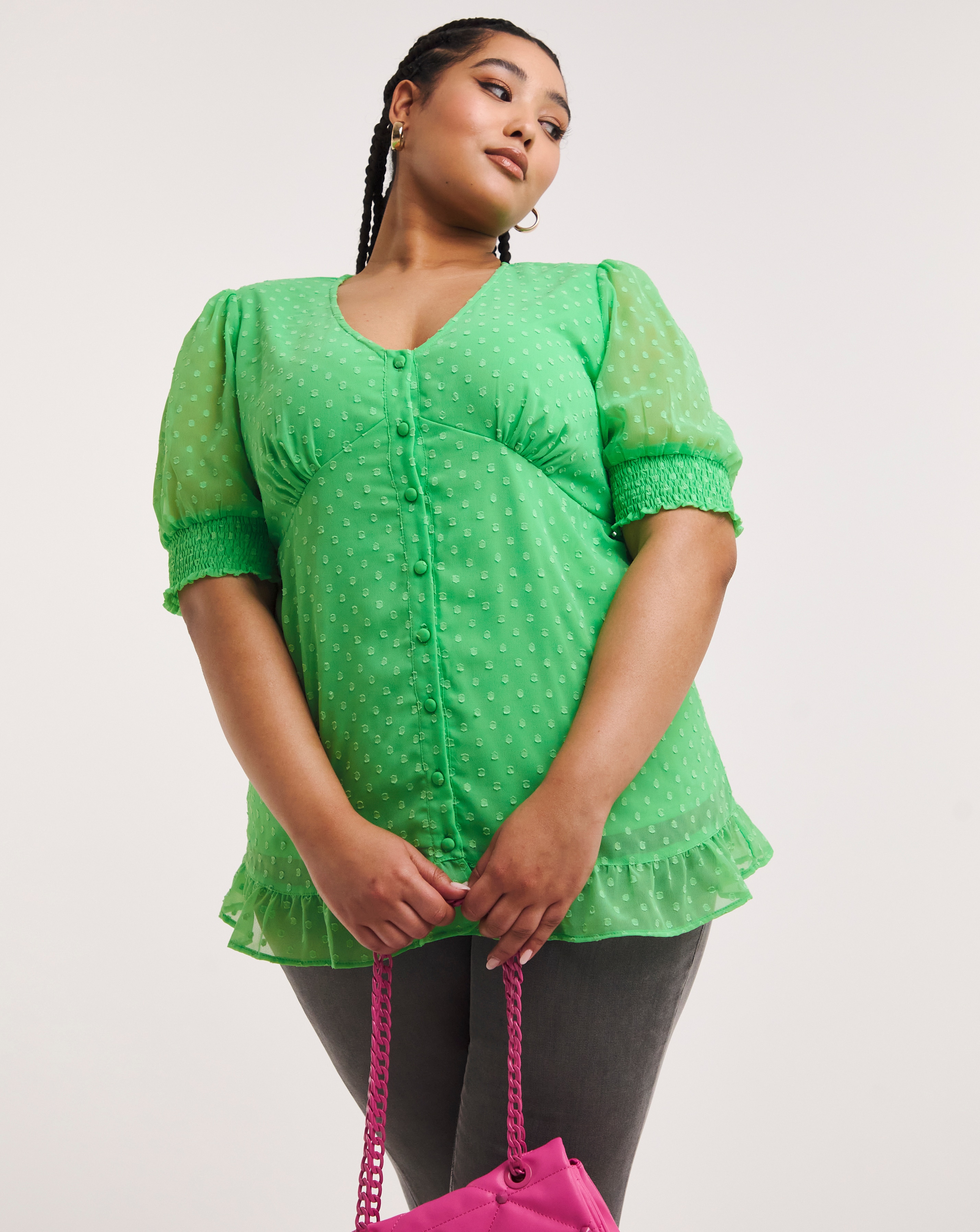 Green Dobby Button Through Frill Blouse