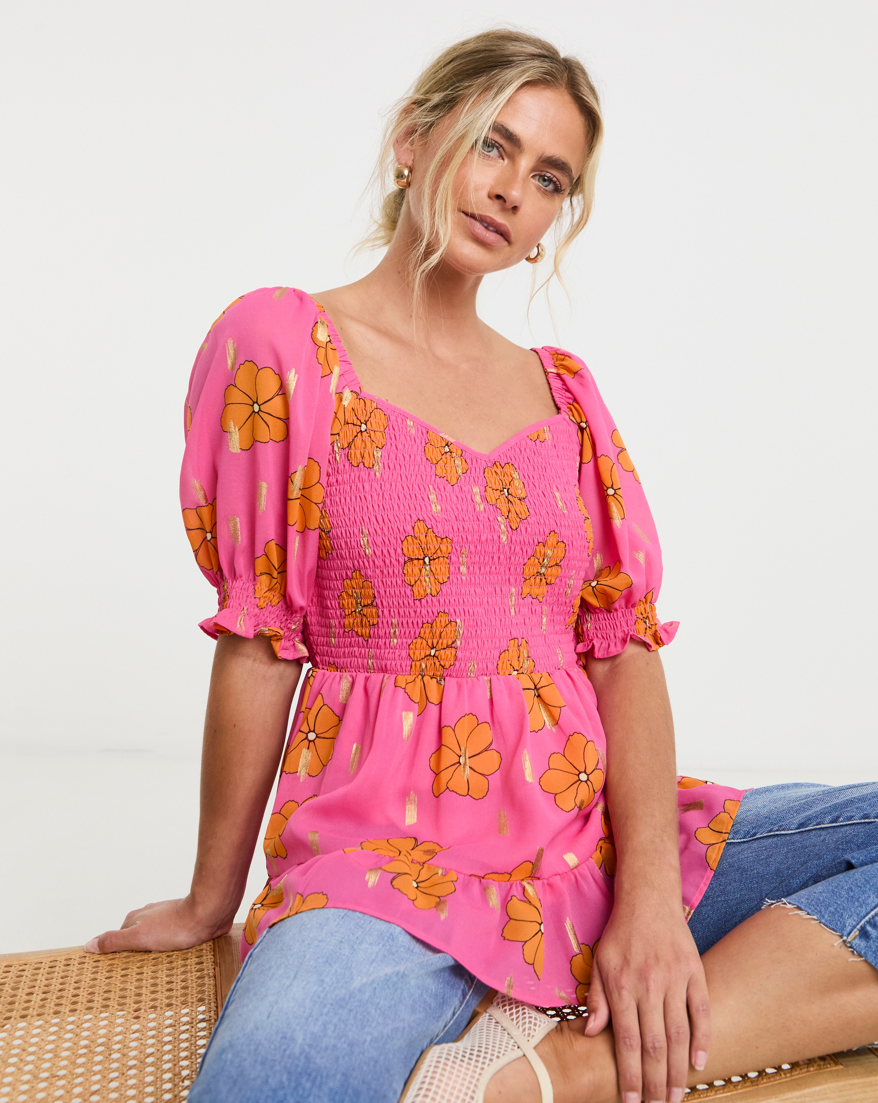 Foil Print Floral Shirred Peplum Top