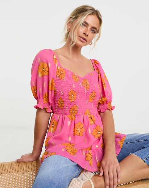 Foil Print Floral Shirred Peplum Top