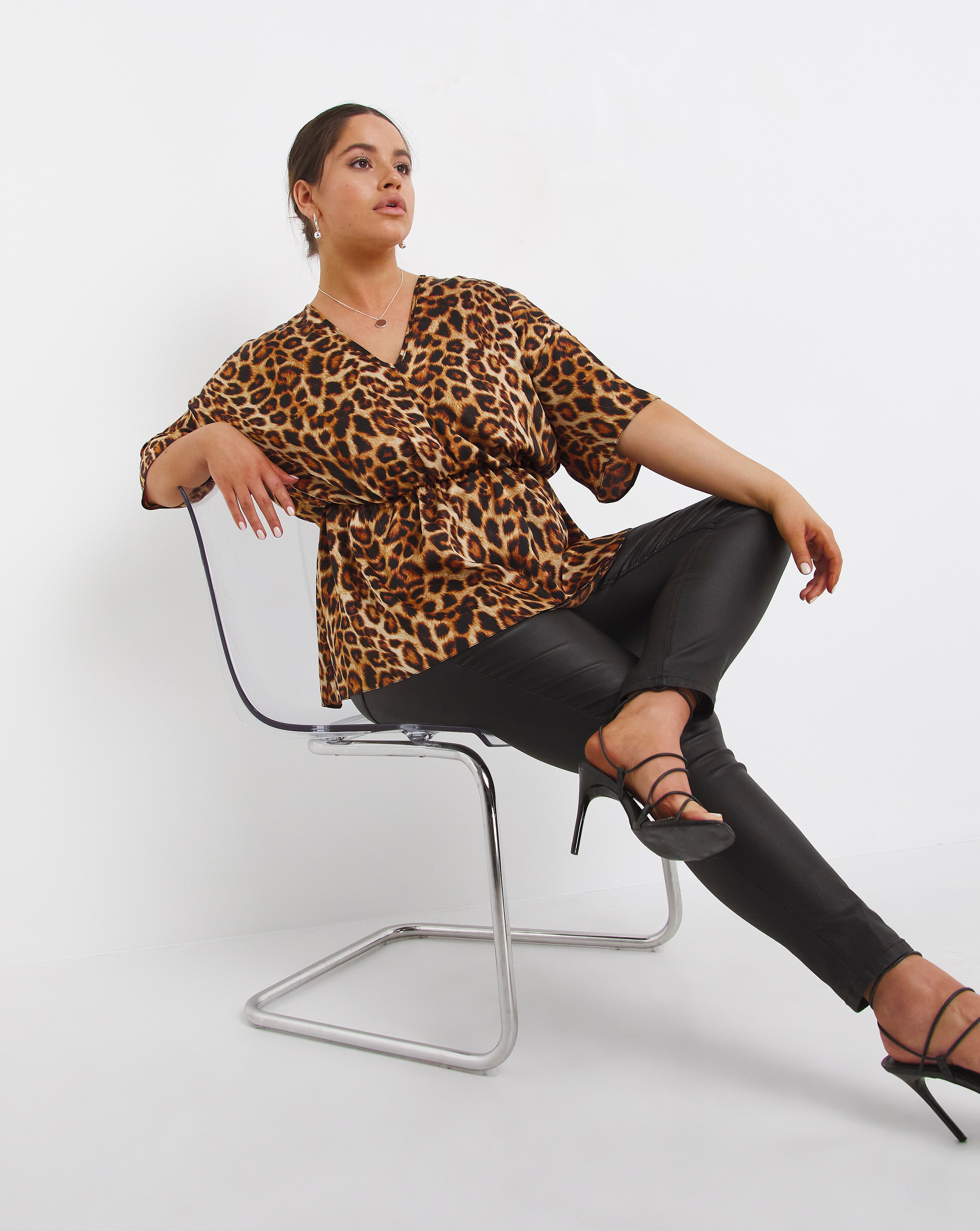 Leopard Print V Neck Satin Blouse