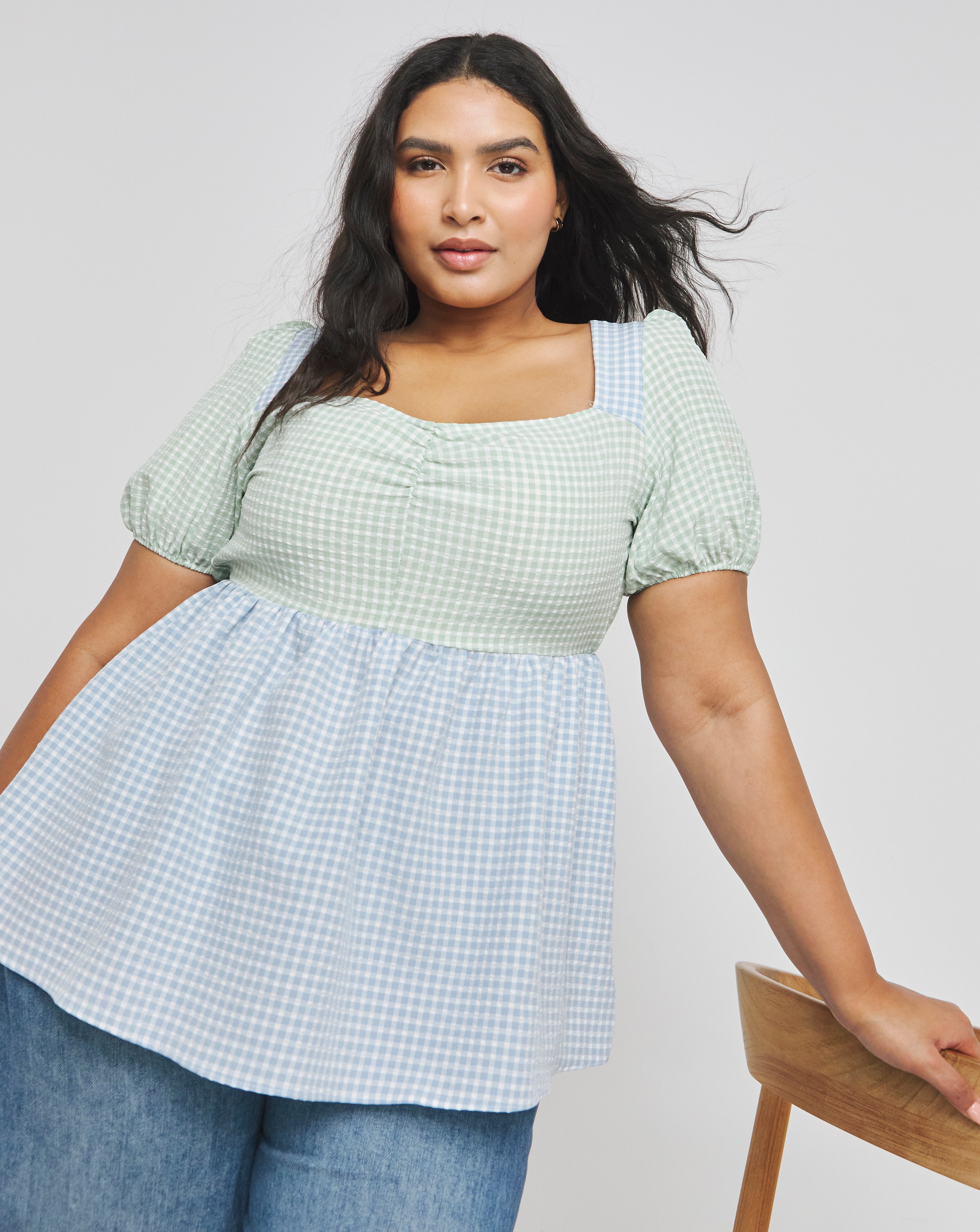 Mixed Gingham Ruched Front Smock Top