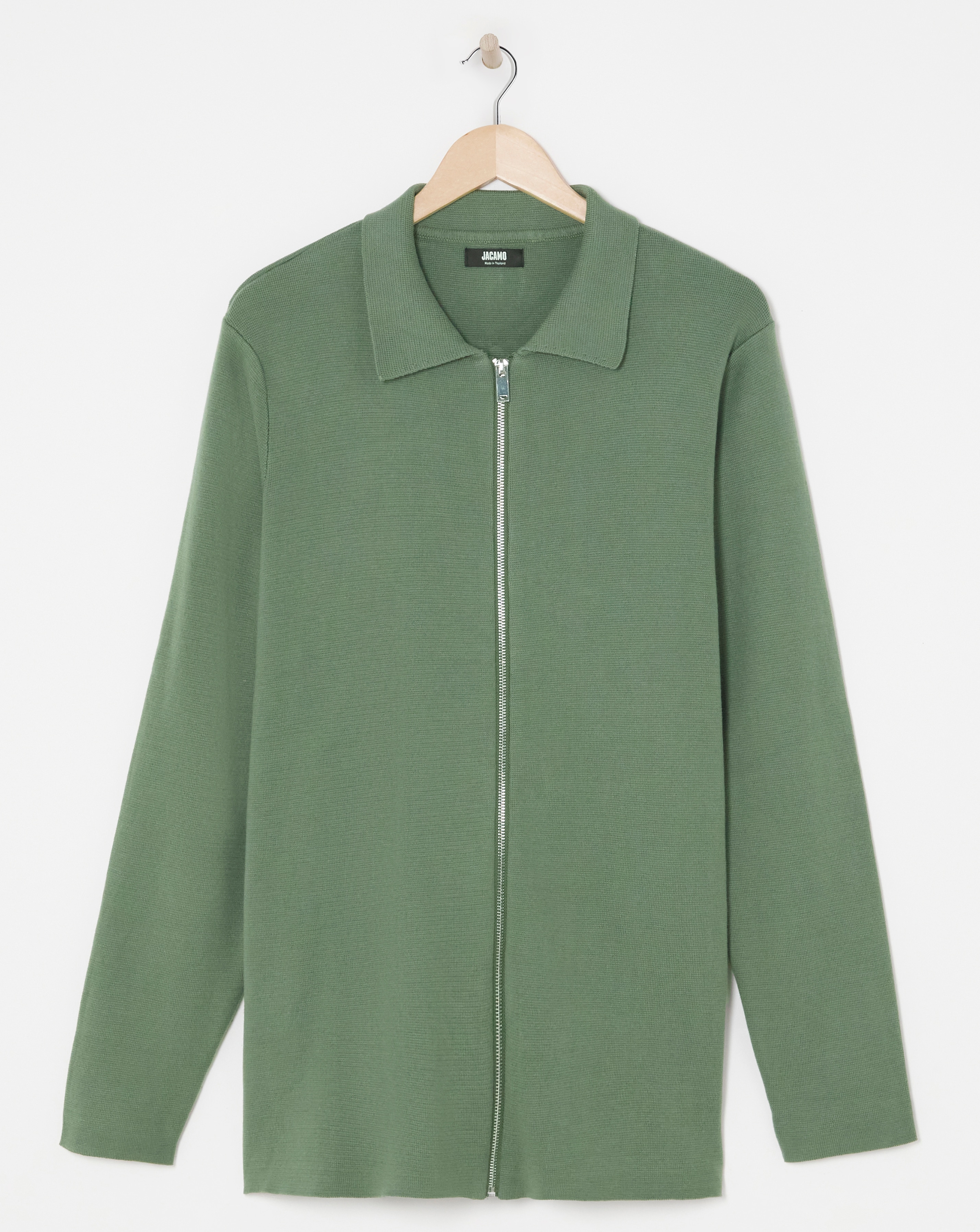 Green Cotton Knitted Zip Through Shirt