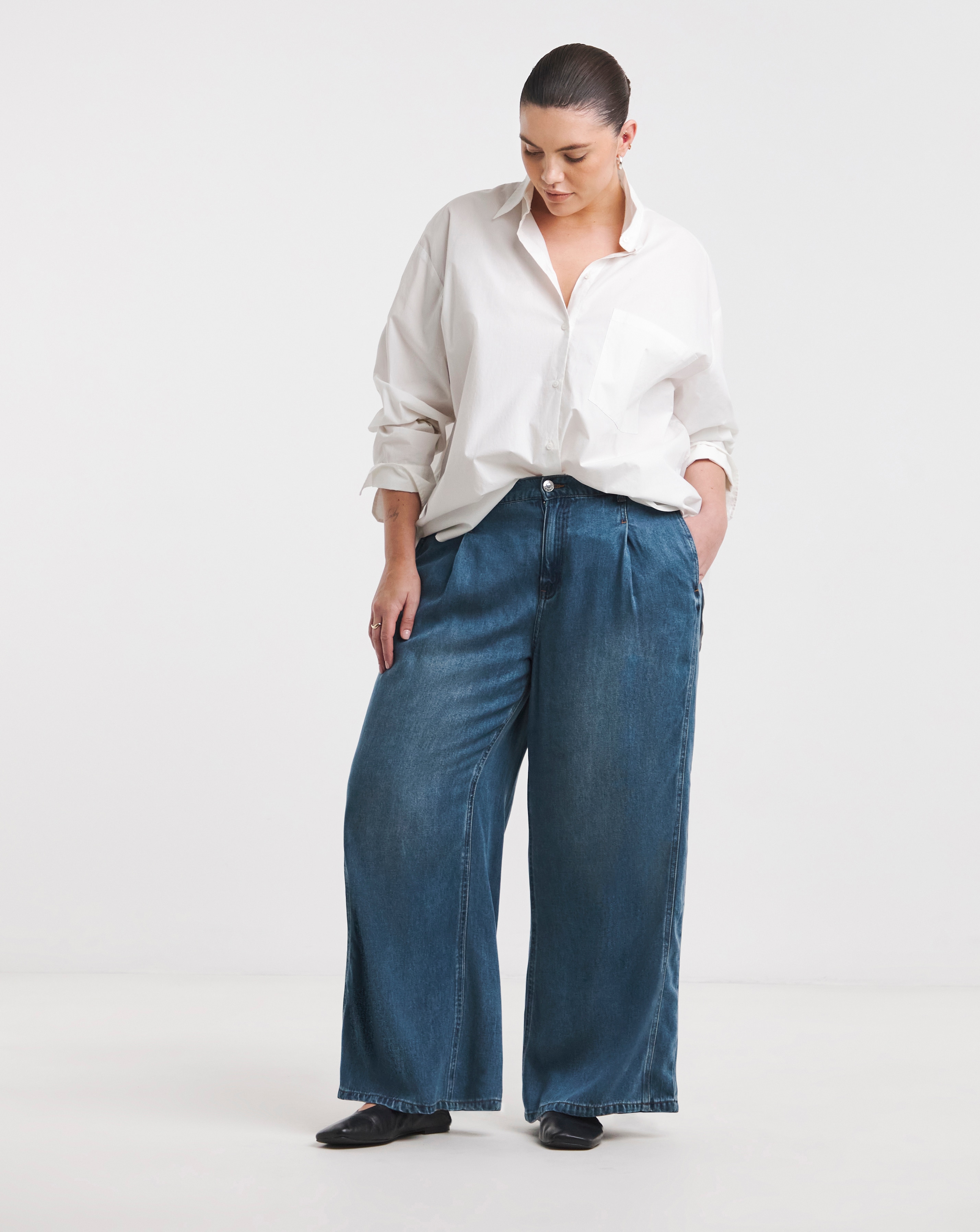 Simply Be Mid Blue Draped Wide Leg Jeans