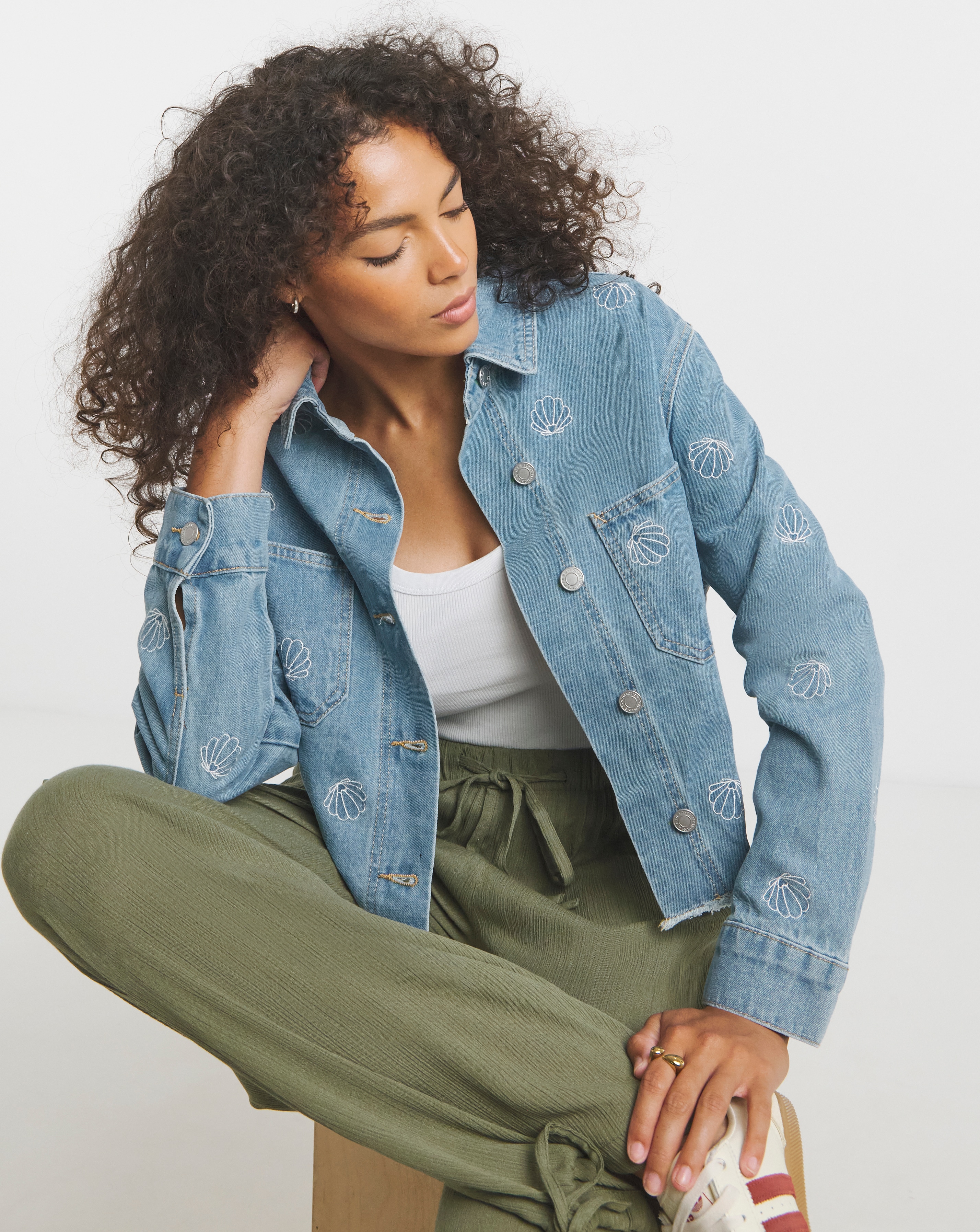 LIght Wash Shell Embroidered Shacket