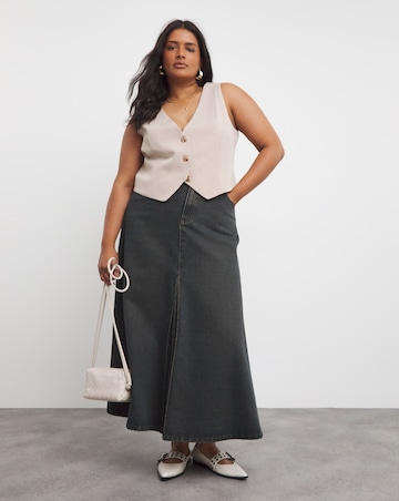 Dark Wash Box Pleat Maxi Denim Skirt