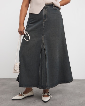 Dark Wash Box Pleat Maxi Denim Skirt