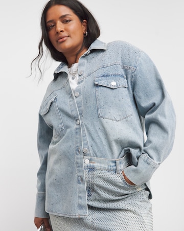 Light Wash Embellished Oversized Denim Shirt
