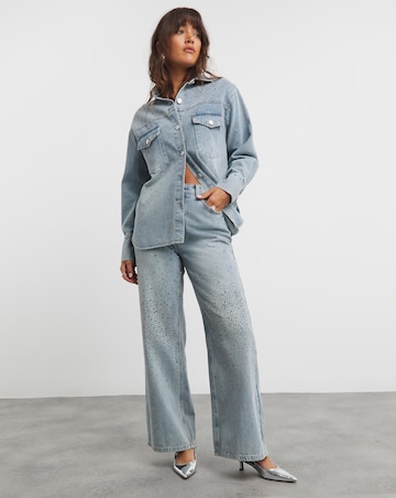 Light Wash Embellished Oversized Denim Shirt