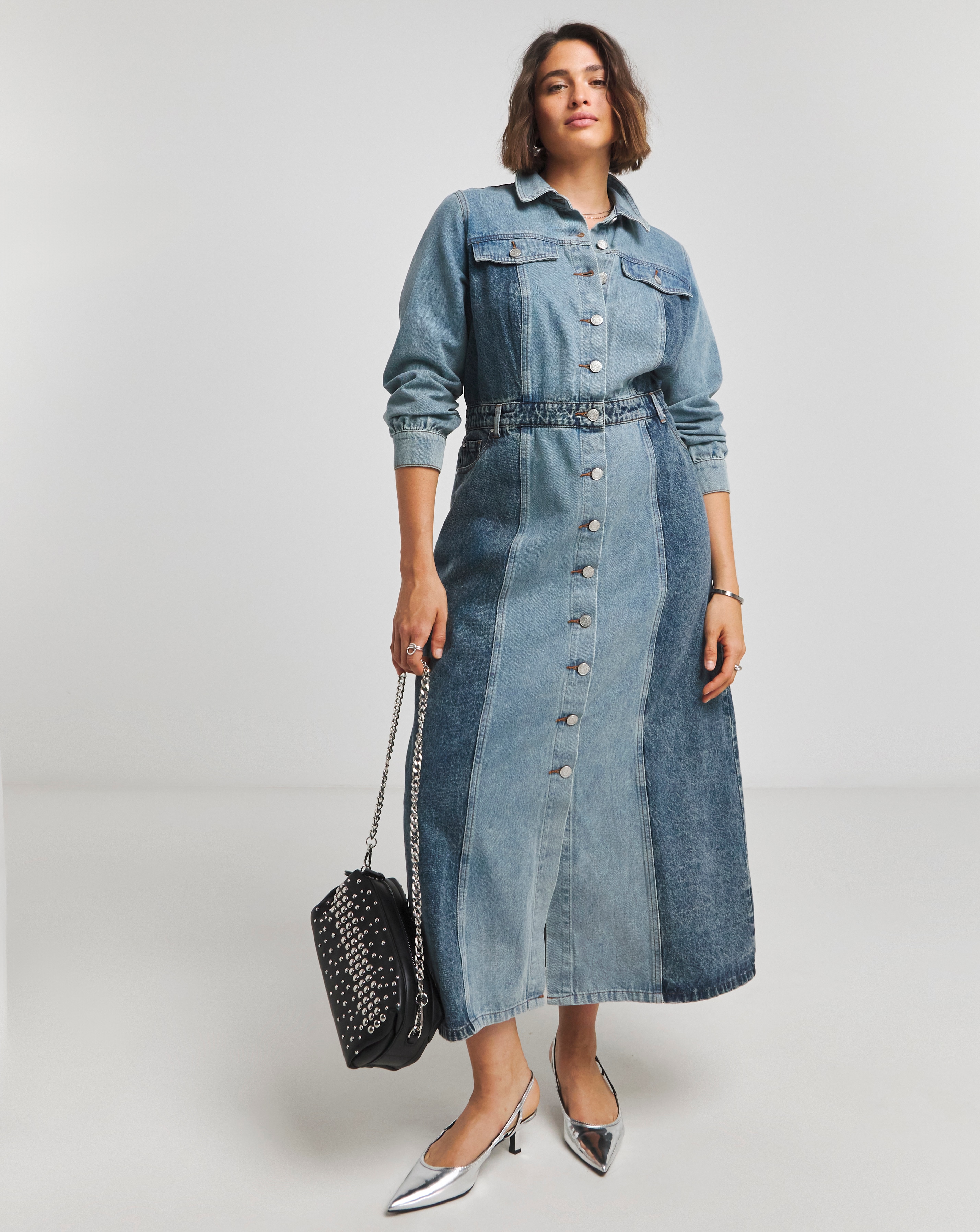 Mid Wash Patchwork Denim Maxi Dress