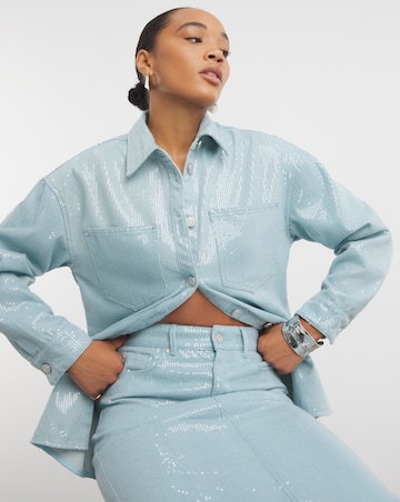 Light Wash Clear Sequin Denim Oversized Shirt